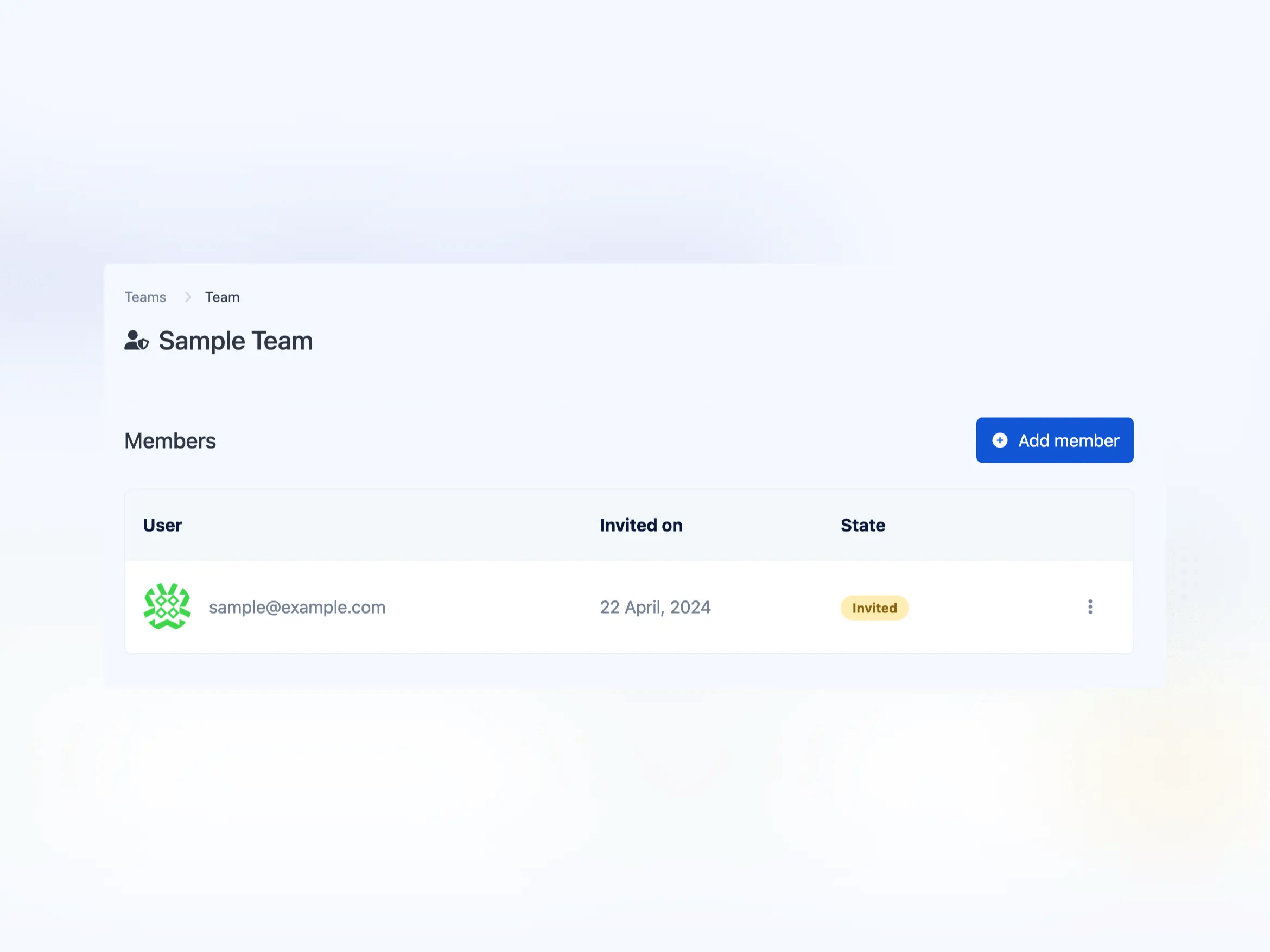 Screenshot of the app teams page