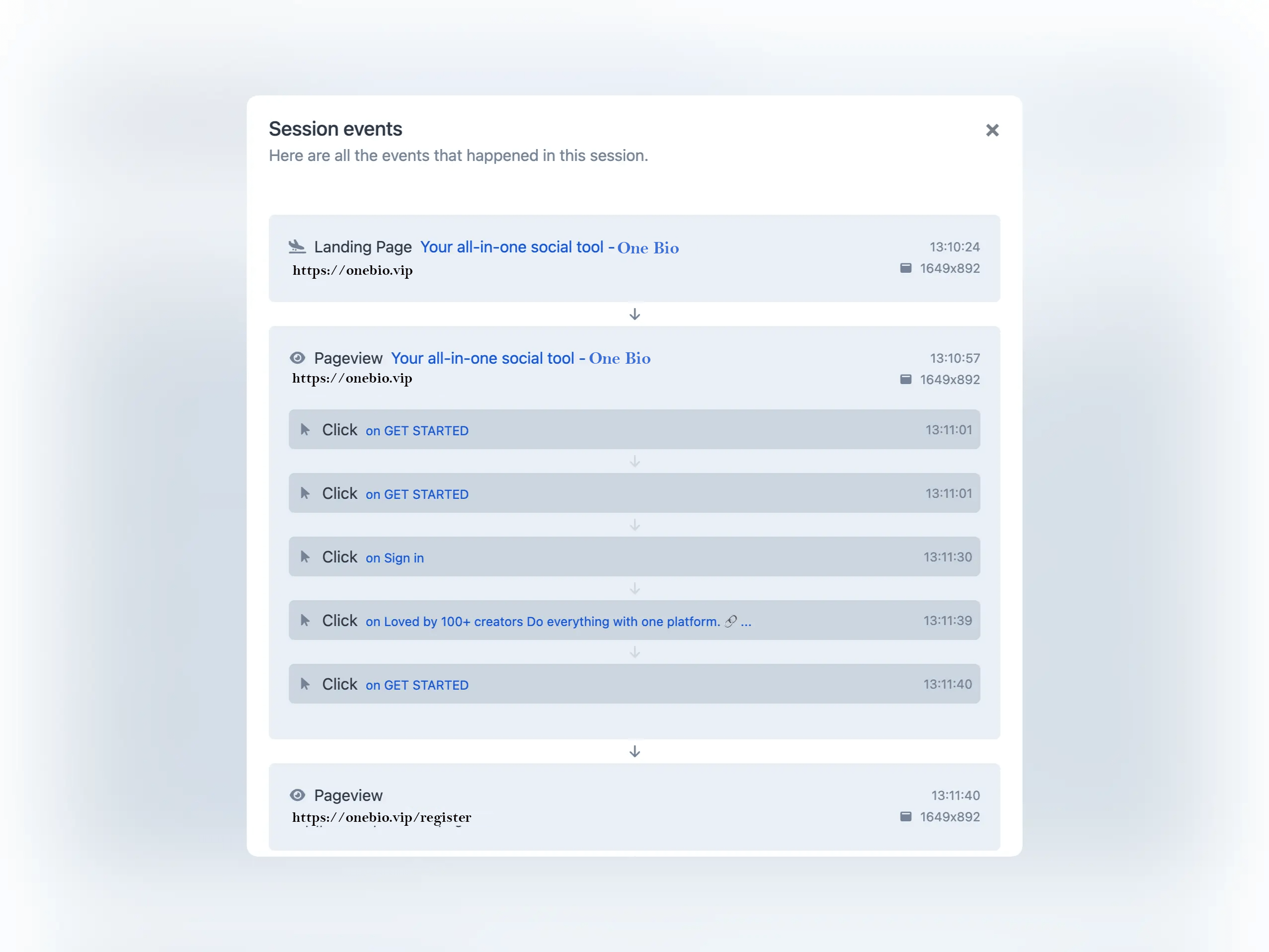 Screenshot of the app visitor events list page